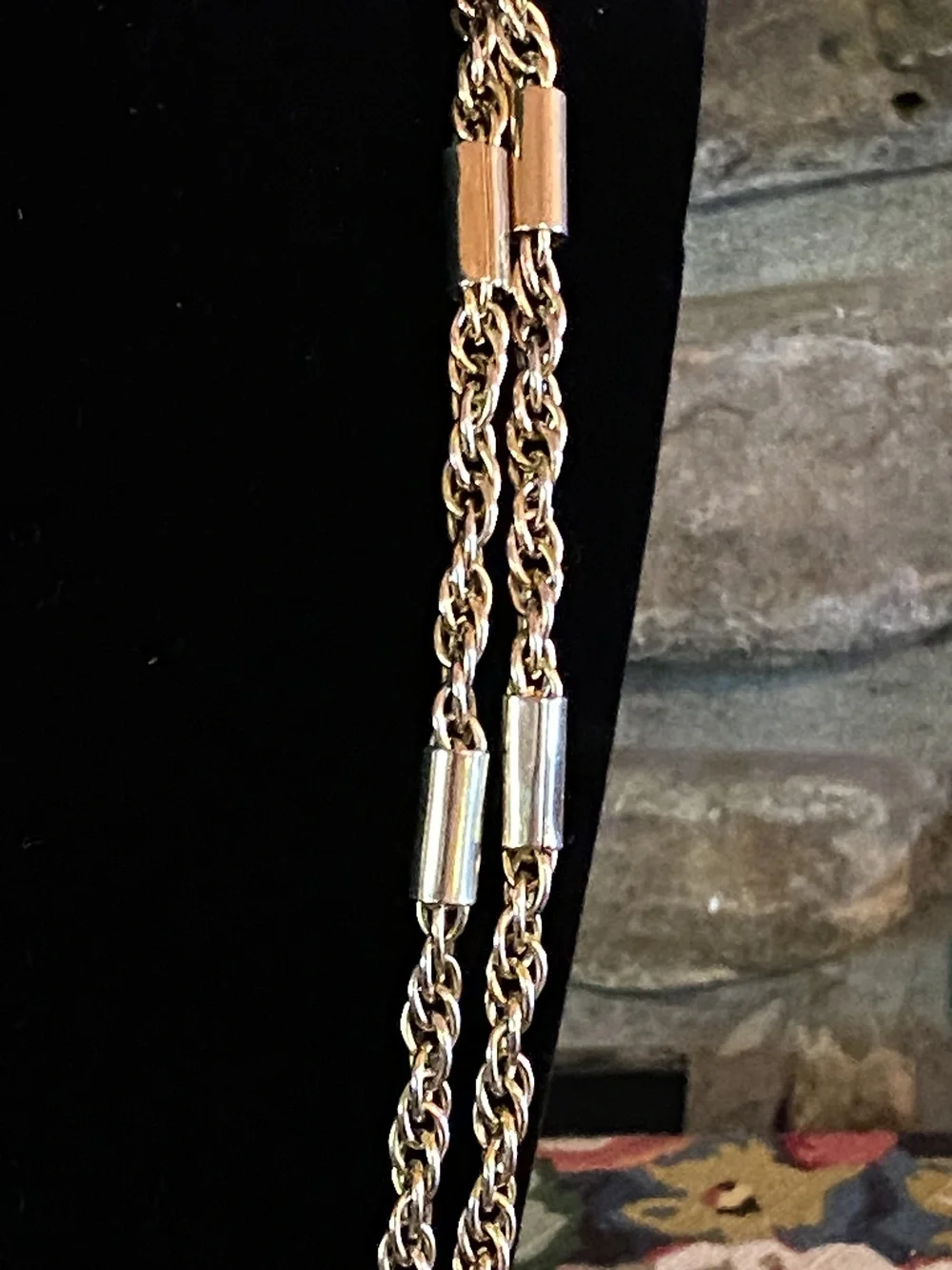 Vintage gold tone single strand cylindrical metal beads necklace, 48